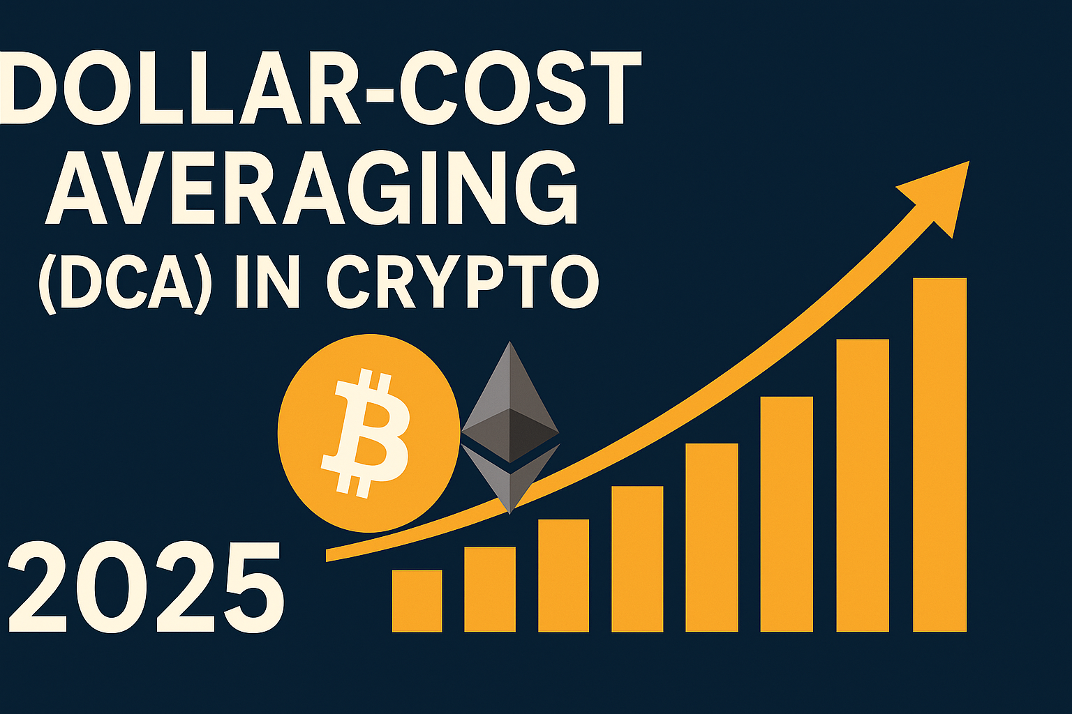 Graphic showing Dollar-Cost Averaging (DCA) strategy in crypto with Bitcoin and Ethereum symbols and gold price chart.