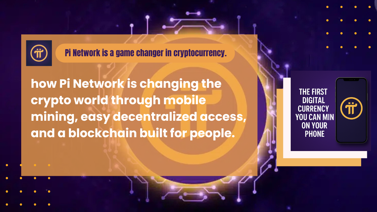 Smartphone screen glowing with Pi Network logo and blockchain node icons, symbolizing mobile crypto mining.