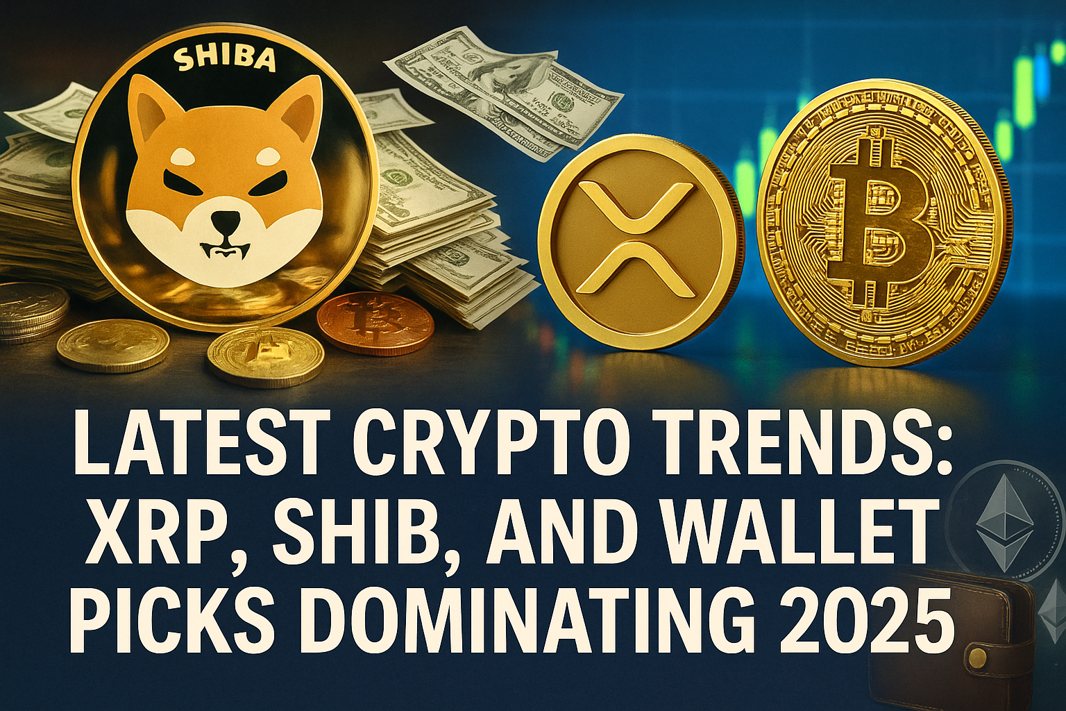XRP coin, Shiba Inu token, and crypto wallet on a digital chart background representing 2025 crypto trends