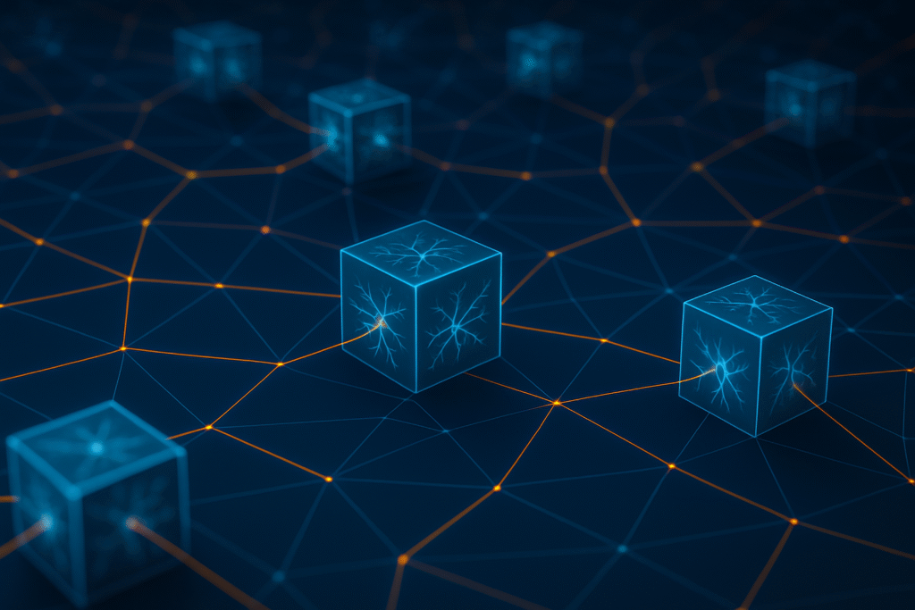 A futuristic blockchain network with glowing intelligent nodes, AI-powered chains, and decentralized crypto transactions symbolizing innovation.