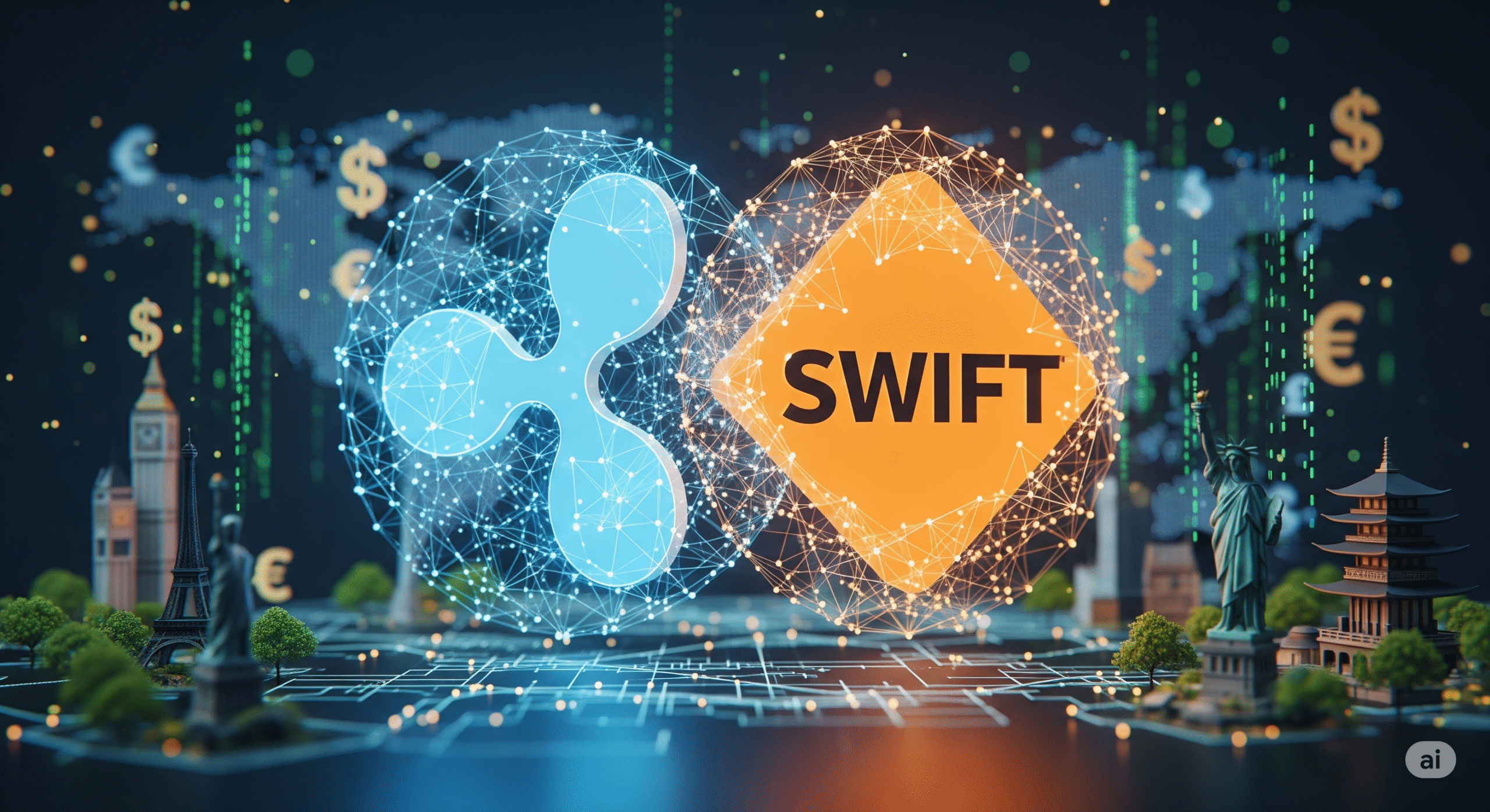 XRP and SWIFT logos merging within a vibrant, interconnected global network, representing the potential integration of Ripple's digital asset with the SWIFT payment system. Currency symbols ($ and €) and world landmarks (Eiffel Tower, Statue of Liberty, Asian temple) subtly indicate the global financial context.