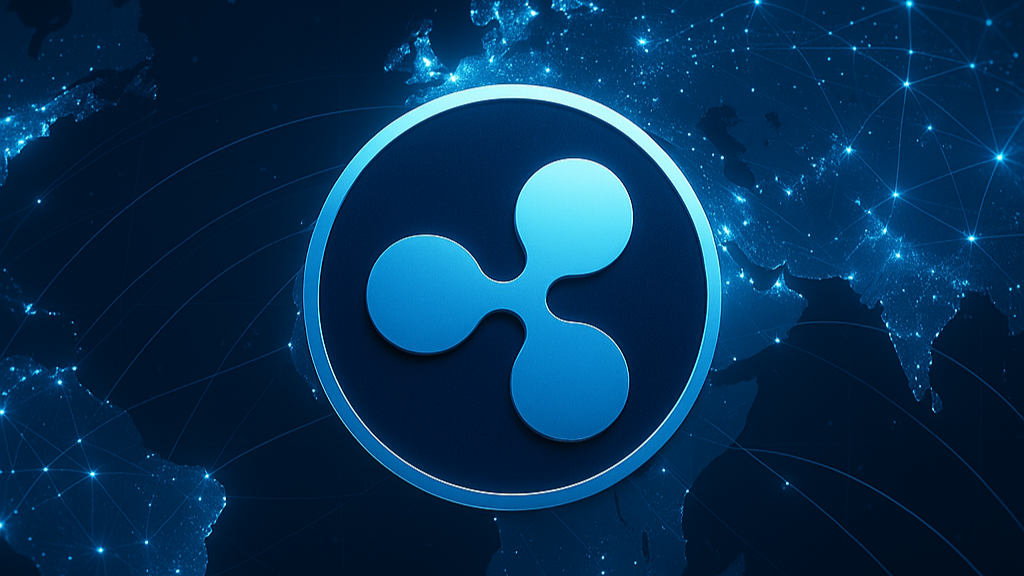 Global financial network with Ripple XRP logo and 5-year crypto prediction overlay