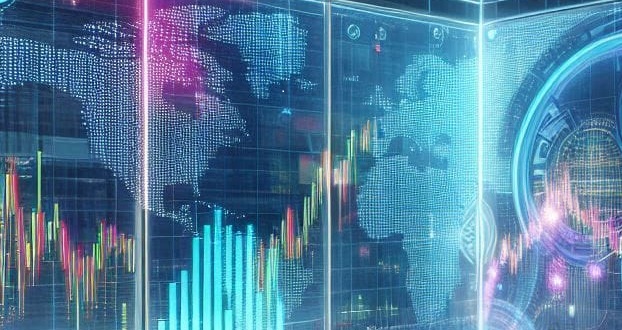 Digital chart showing global cryptocurrency market trends with world map and blockchain analytics