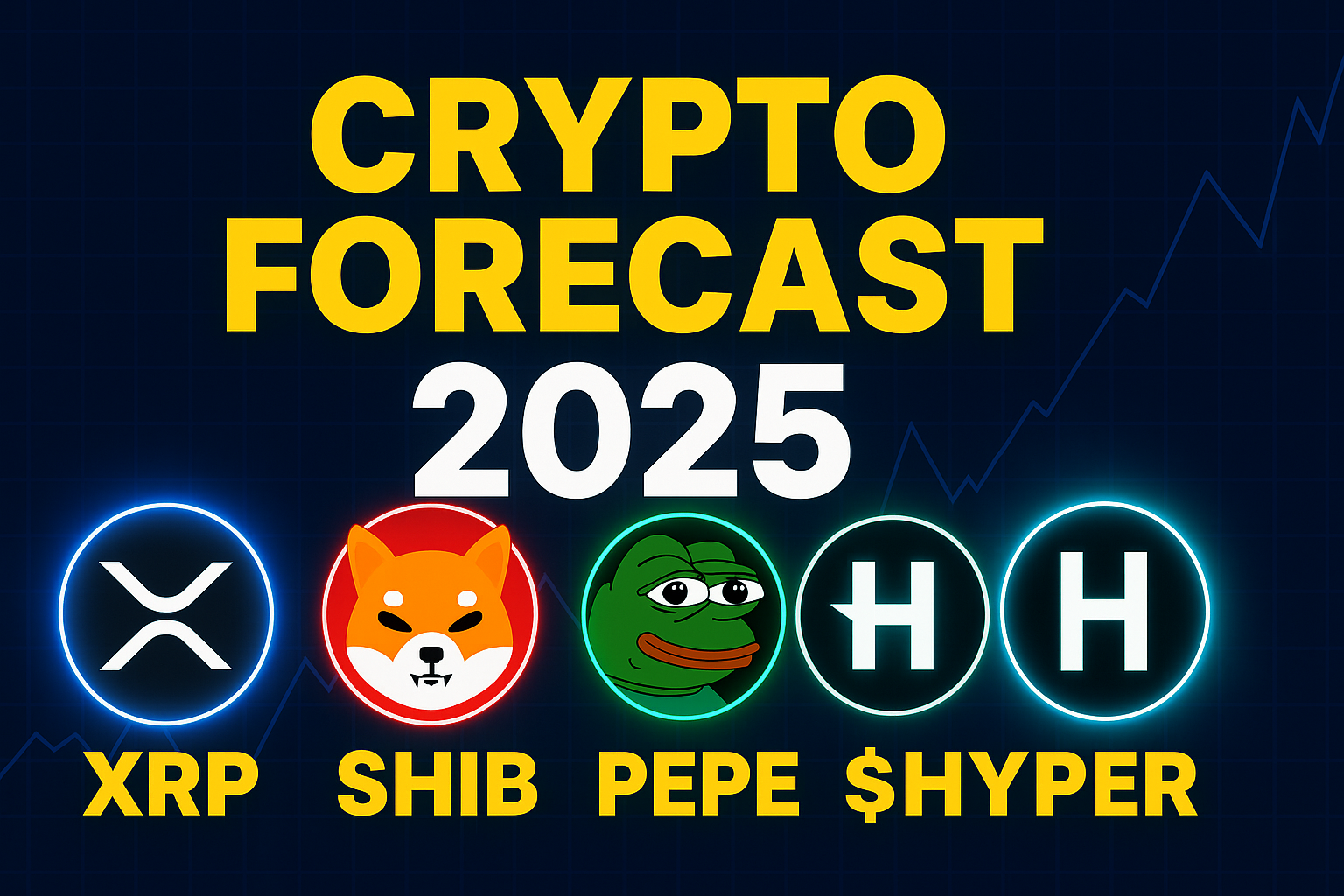 Futuristic crypto forecast graphic showing XRP, SHIB, PEPE, and Bitcoin Hyper with glowing digital effects