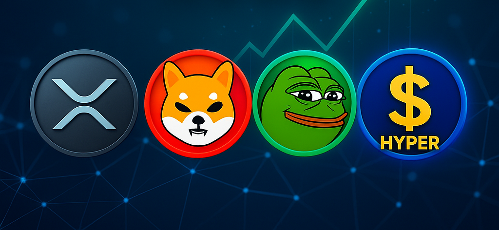 Futuristic crypto forecast graphic showing XRP, SHIB, PEPE, and Bitcoin Hyper with glowing digital effects