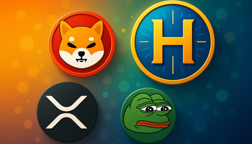 A grid of four cryptocurrency logos. Top left is the Shiba Inu logo for SHIB. Top right is the clock-like logo for Helium (HNT). Bottom left is the 'X' logo for Ripple (XRP). Bottom right is the Pepe the Frog meme logo for PEPE.
