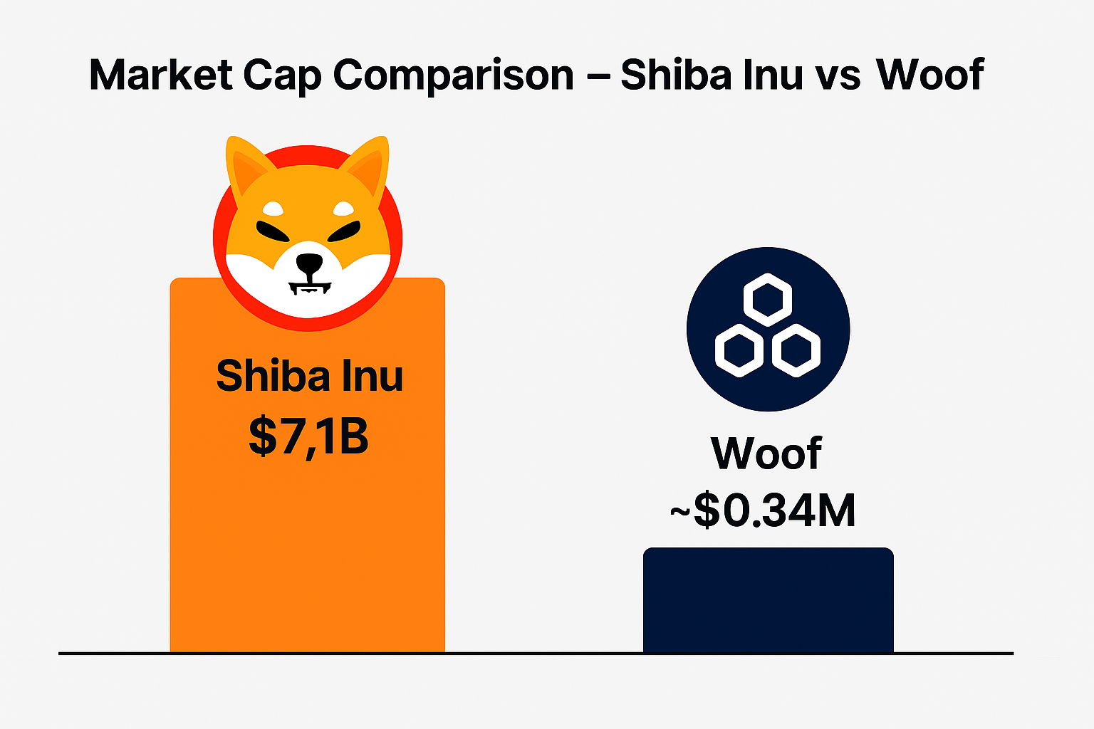 Infographic comparing market cap of Shiba Inu (SHIB) and Woof (WOOF) with visual bars and token logos