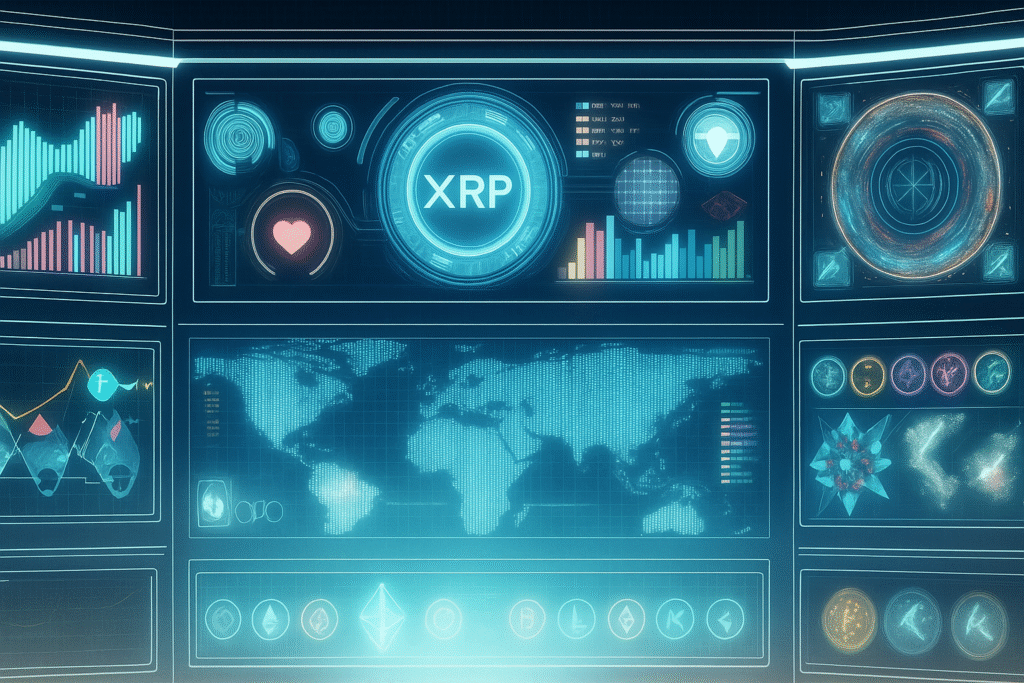 Futuristic XRP cryptocurrency dashboard showing market analysis charts, world map, and blockchain data visualization